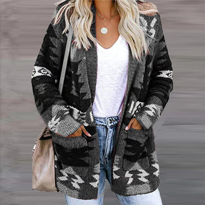 Harwelton Open Front Knitted Cardigan with Pockets and Geometric Print