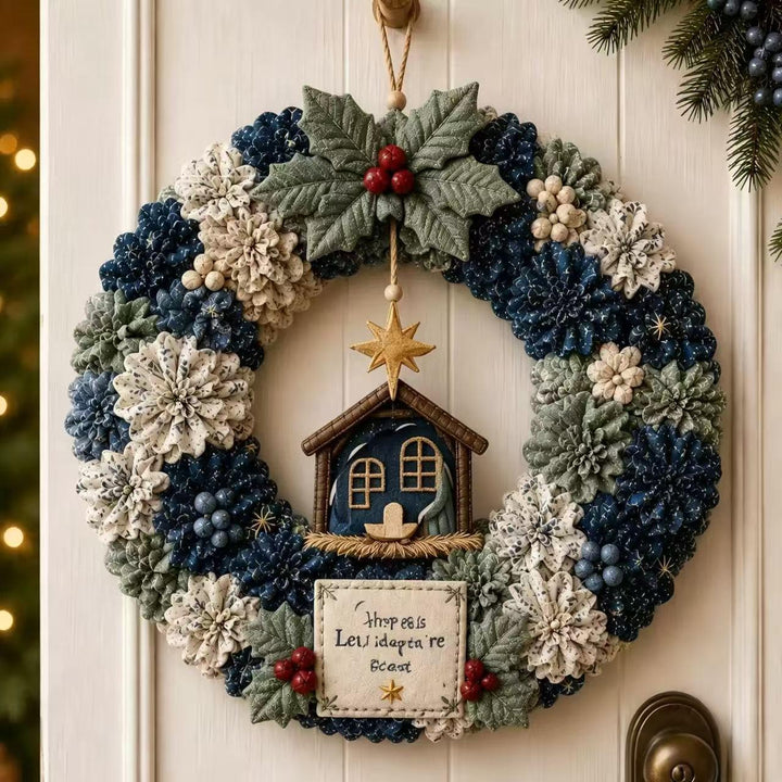 Fabric punch needle Christmas wreath with Santa