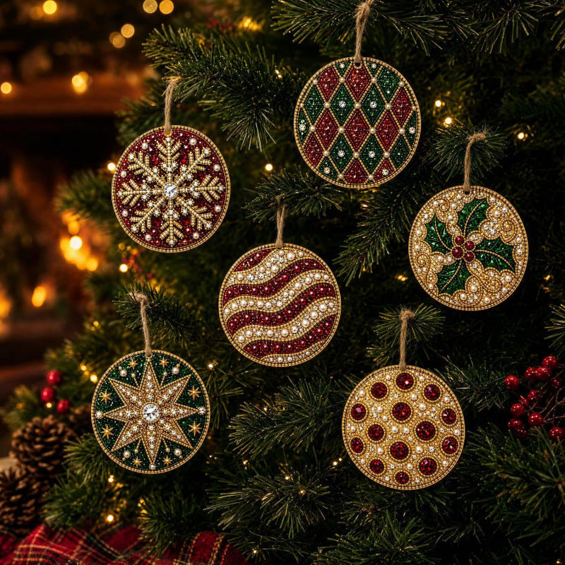 Six wooden diamond painting Christmas ornaments