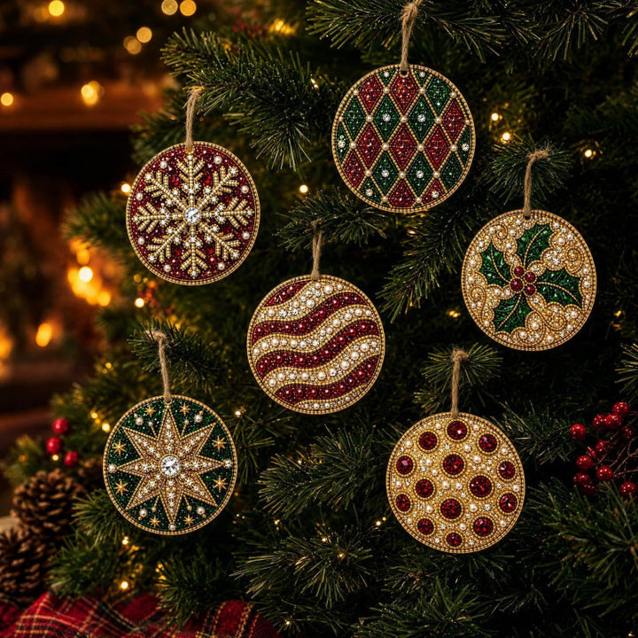 Six wooden diamond painting Christmas ornaments