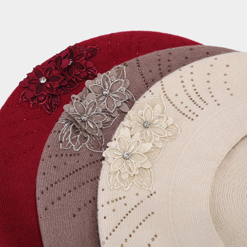 Red knit beret with flower and rhinestones