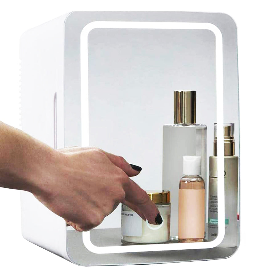 White mini skincare fridge with mirror