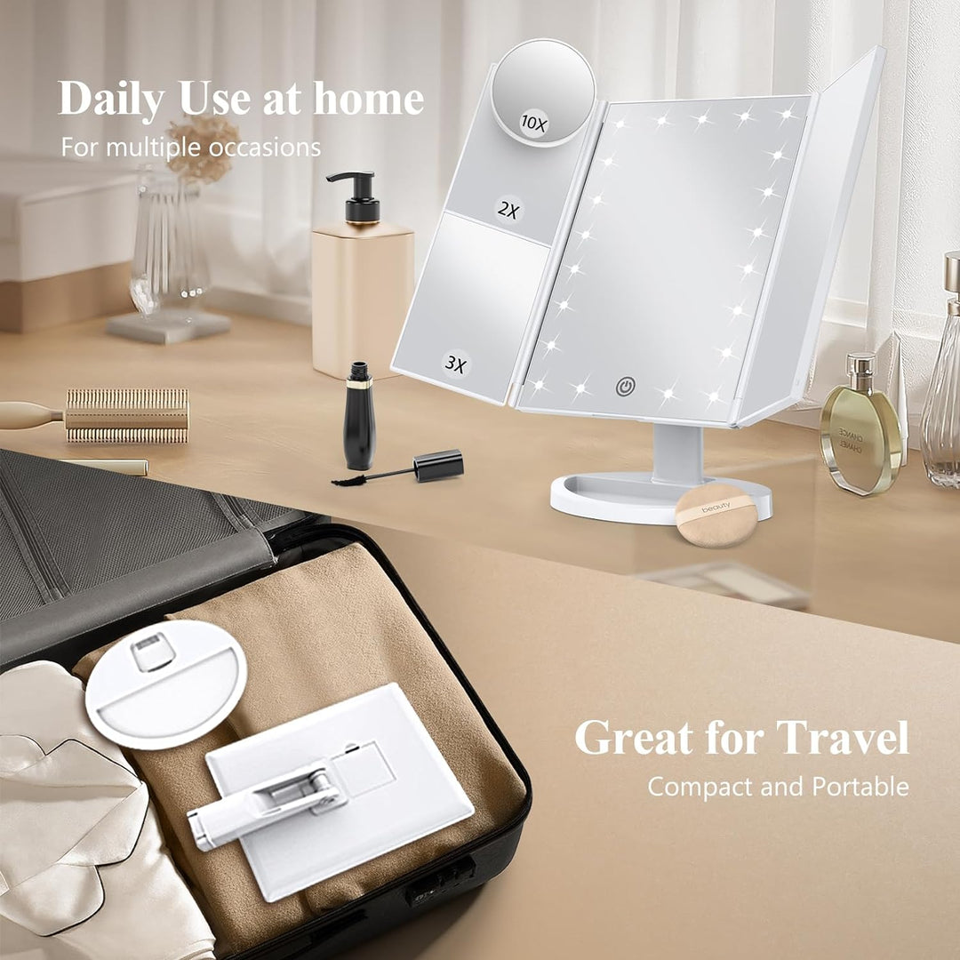 Tri-Fold LED Makeup Mirror with 10x Magnification and Tray