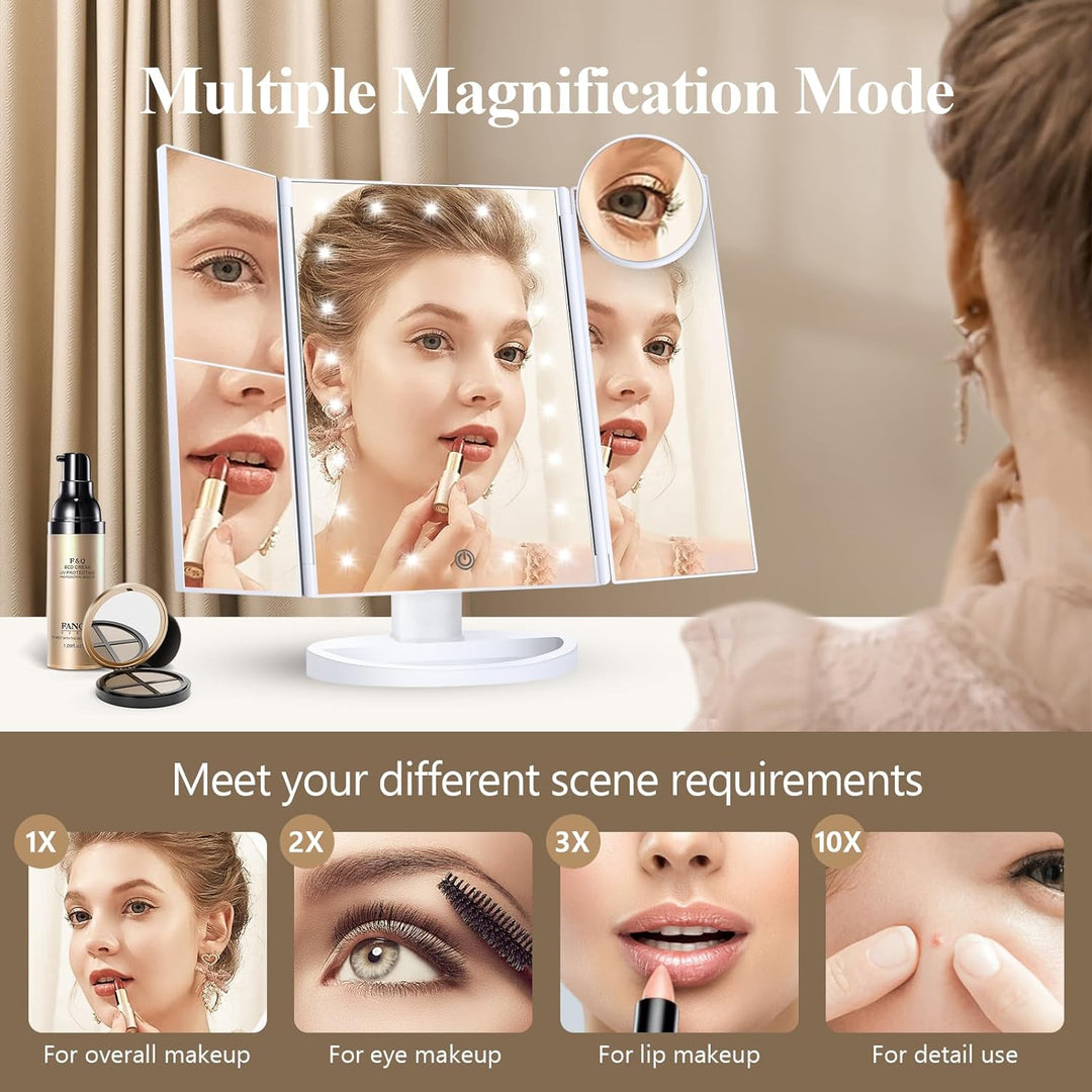Tri-Fold LED Makeup Mirror with 10x Magnification and Tray
