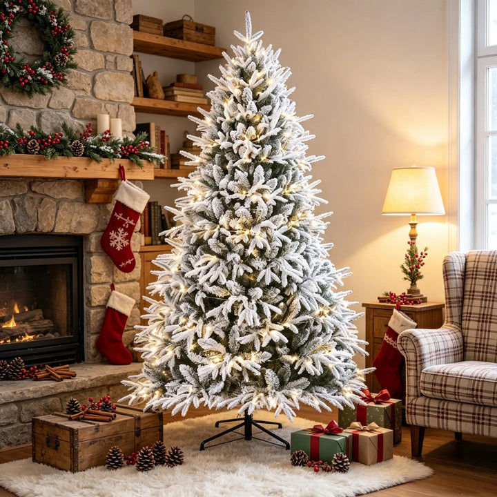 Extra-full flocked Christmas tree with lights