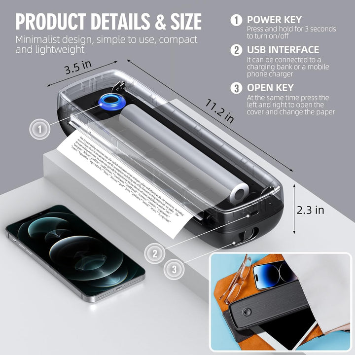 Portable Inkless Thermal Printer with Bluetooth and USB-C
