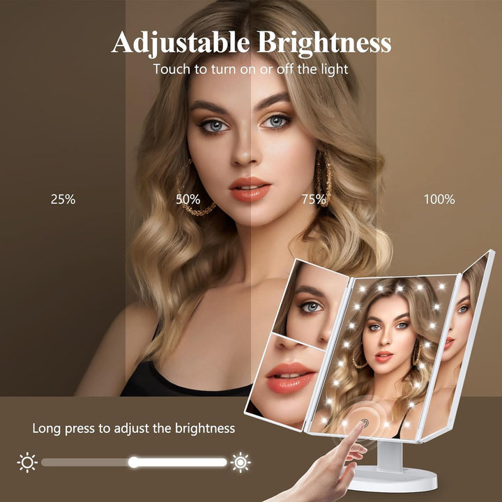 Tri-Fold LED Makeup Mirror with 10x Magnification and Tray