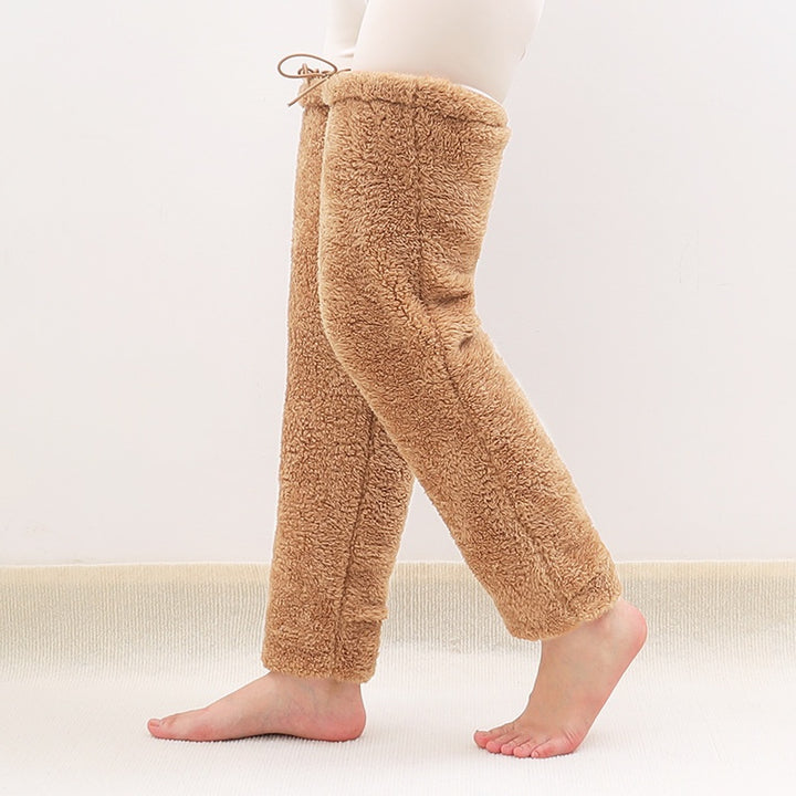 Pink plush leg warmers with drawstring