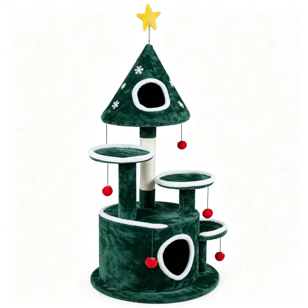 Festive cat tree with bell ball toys