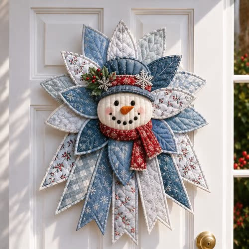 Quilted fabric Christmas door hanging with snowman