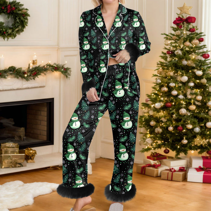 Harwelton Christmas Print Button Up Pyjama Set with Faux Fur Trim