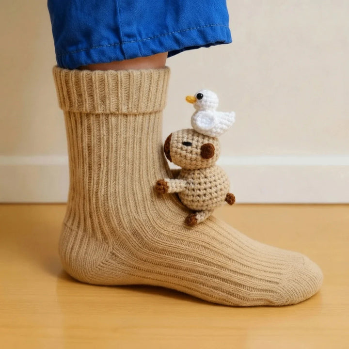 Knit socks with 3D crochet sloth