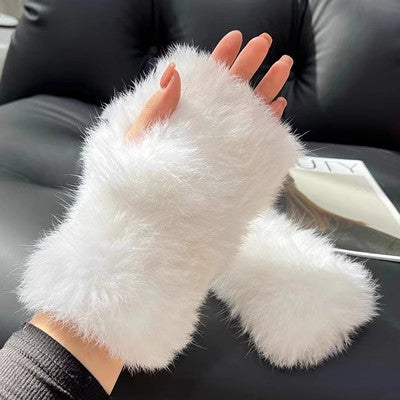 Harwelton Fluffy Rabbit Fur Fingerless Mittens with Thumb Hole