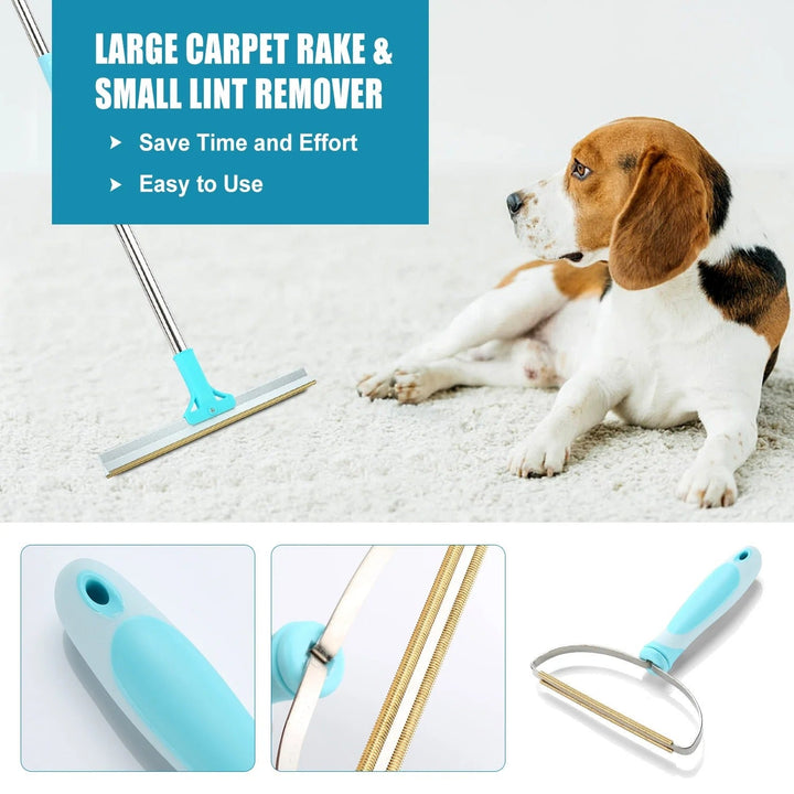 3-Piece Pet Hair Remover Set with Extendable Carpet Rake