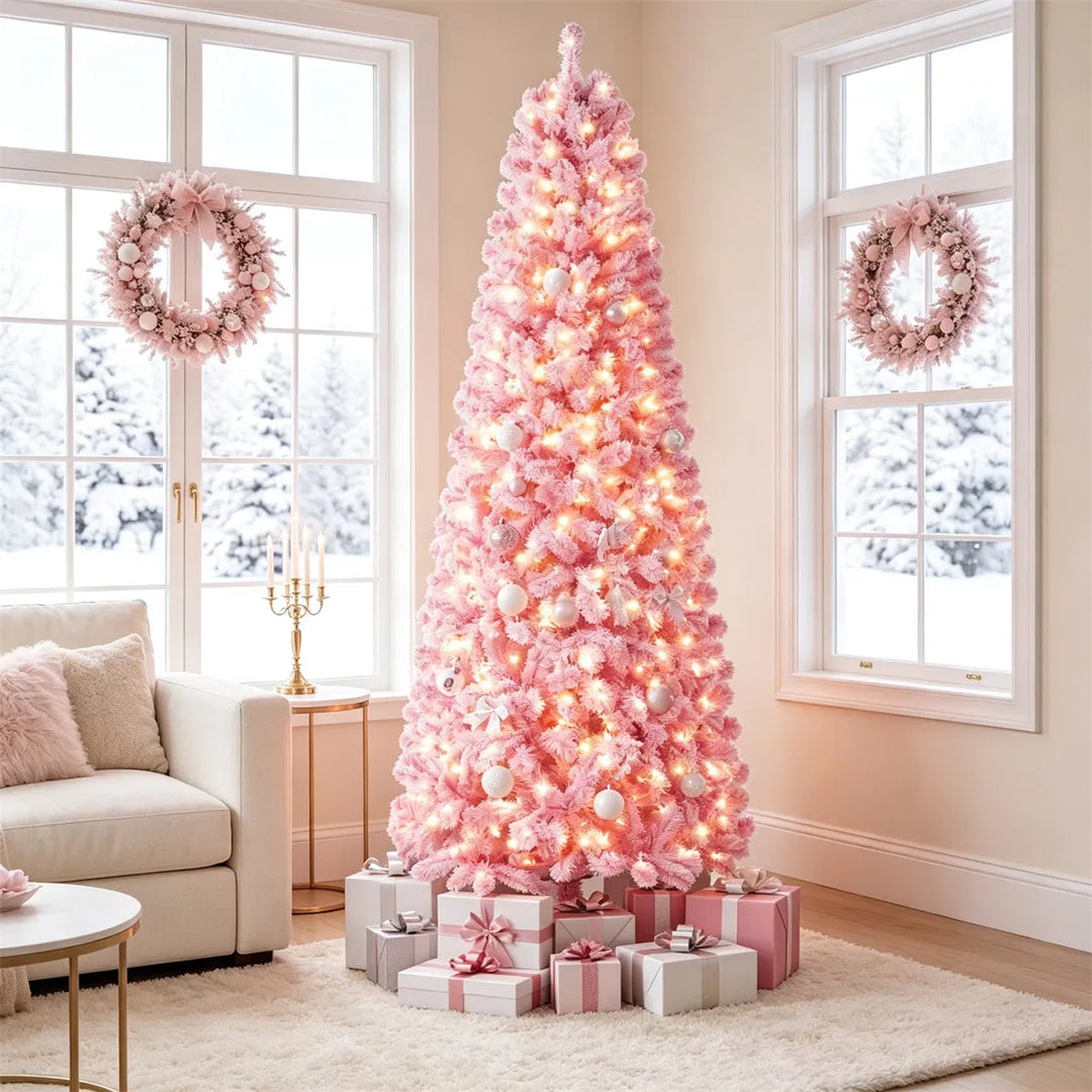 Full pink flocked tree with warm lights