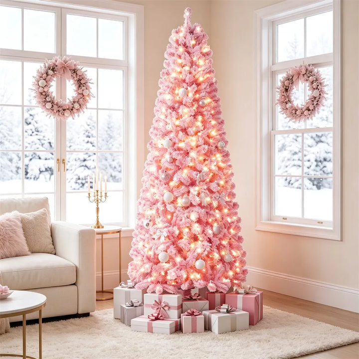 Full pink flocked tree with warm lights