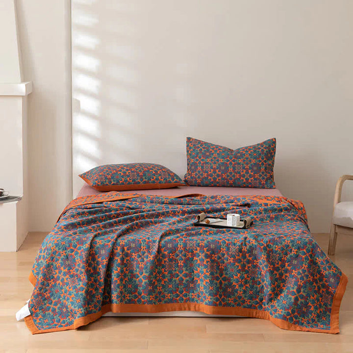 Six-Layer Cotton Blanket with Orange and Blue Pattern