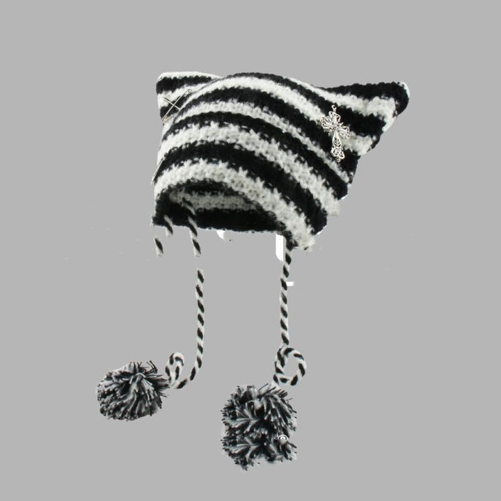 Striped cat ear beanie with pompom ties