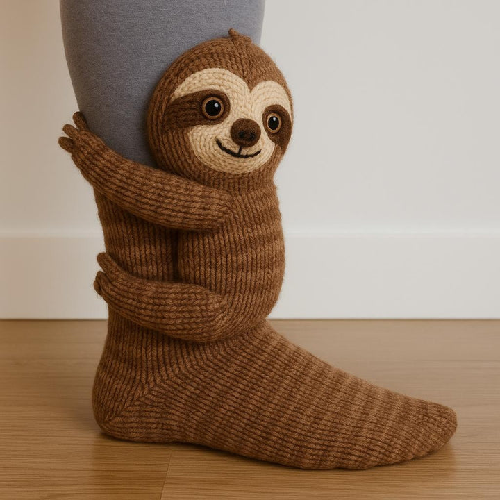 Knit socks with 3D crochet sloth