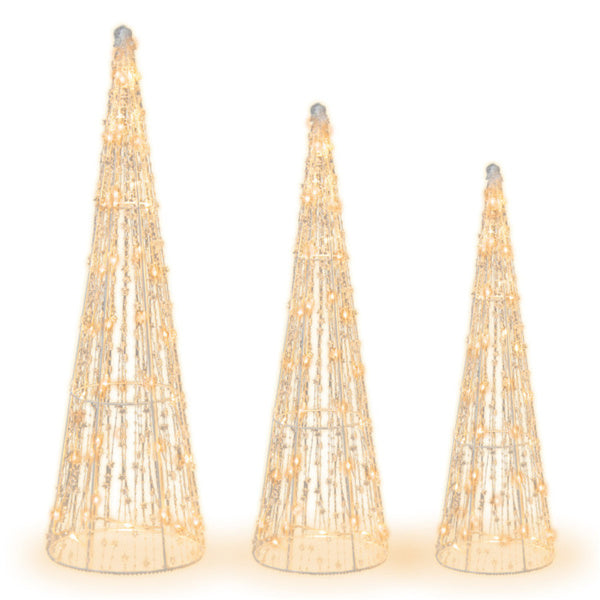 Three lit cone trees with star beads