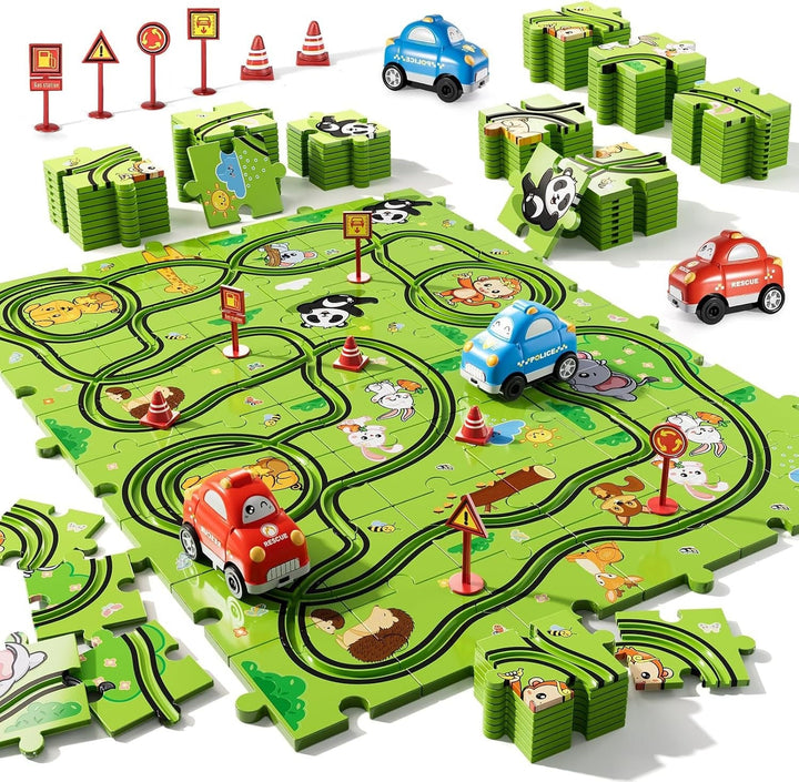 Animal Puzzle Race Track with 2 Battery Cars for Ages 2–6