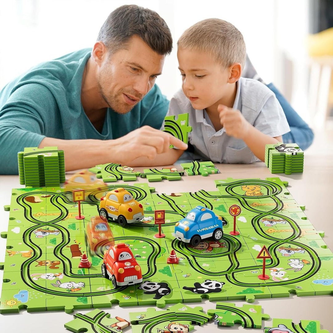 Animal Puzzle Race Track with 2 Battery Cars for Ages 2–6
