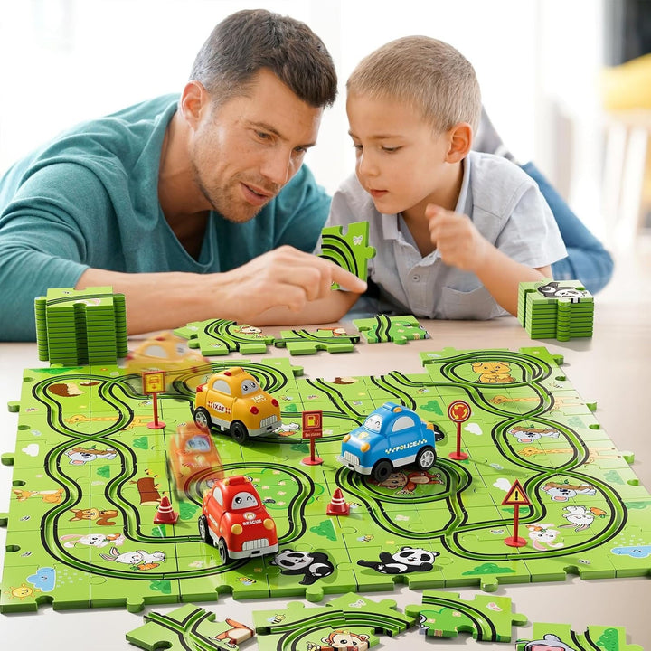 Animal Puzzle Race Track with 2 Battery Cars for Ages 2–6