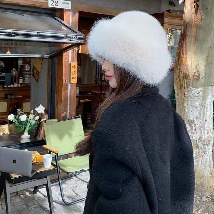 Beige fluffy faux fur hat with rolled brim