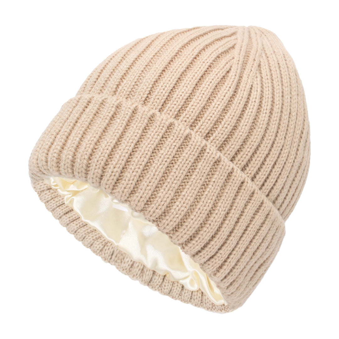 Cream ribbed beanie with satin lining