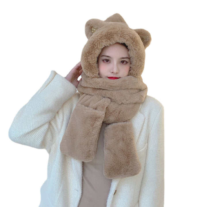 Woman wearing white plush hood with ears