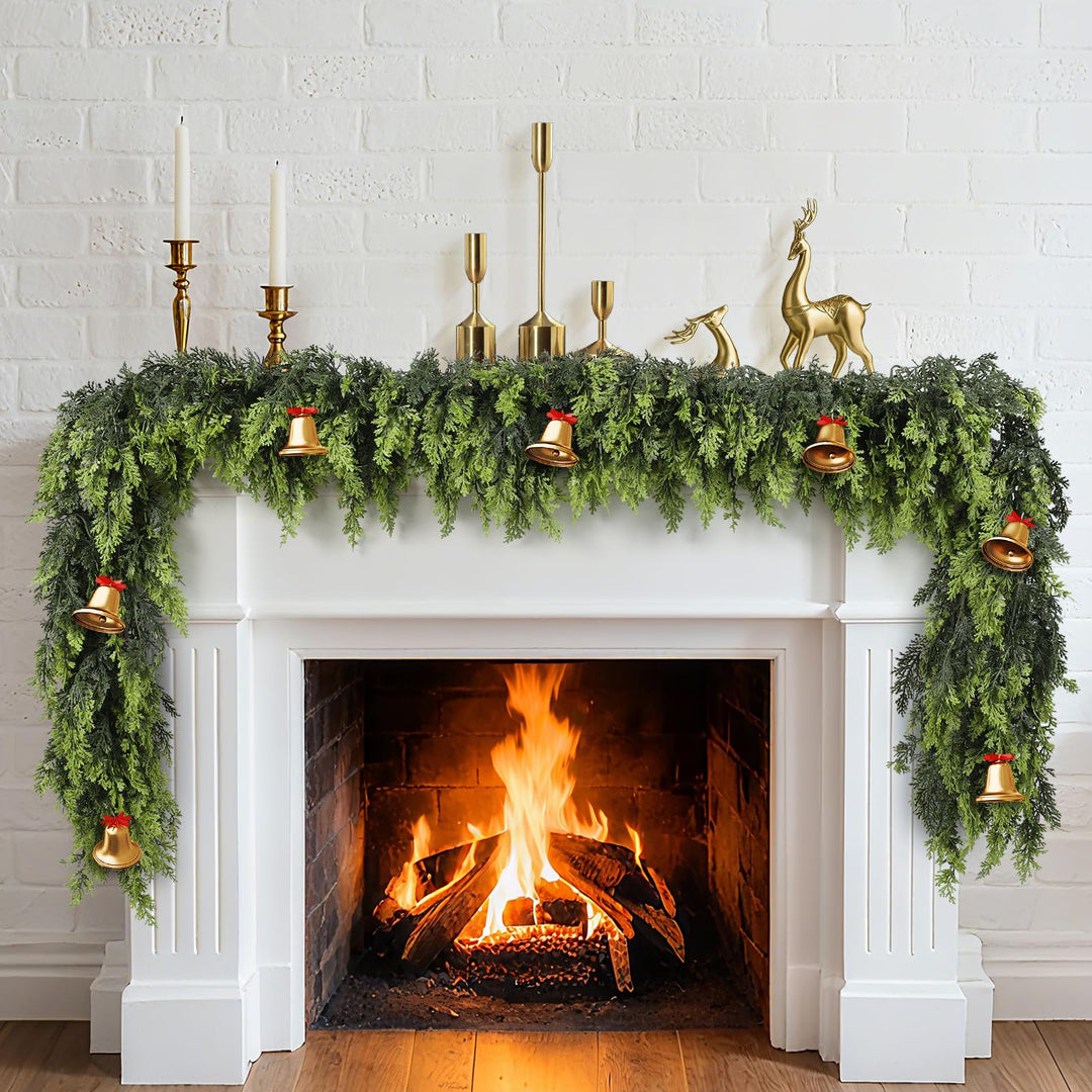 Green Norfolk pine garland on a mantelpiece