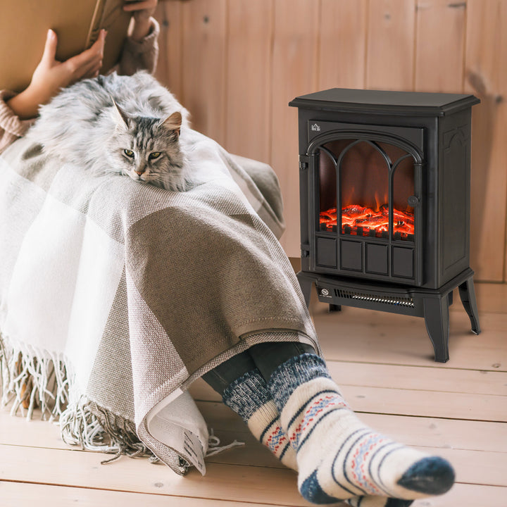 black electric stove with glowing LED charcoal flames