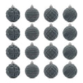 Twelve grey velvet Christmas baubles with patterns