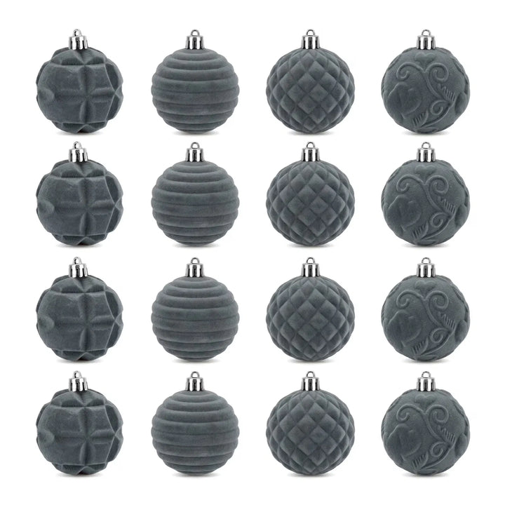 Twelve grey velvet Christmas baubles with patterns