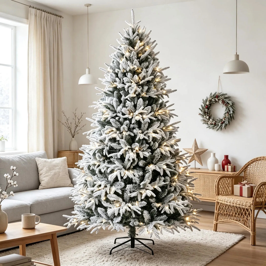 Full snow-flocked tree with warm LEDs