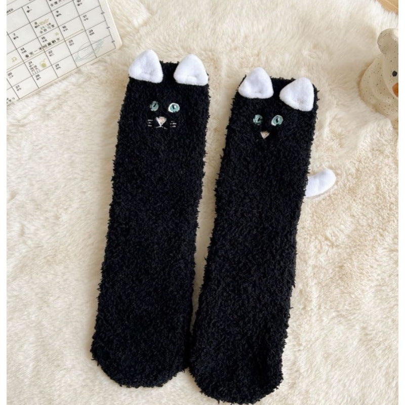 Fluffy cat socks with 3D ears and tail