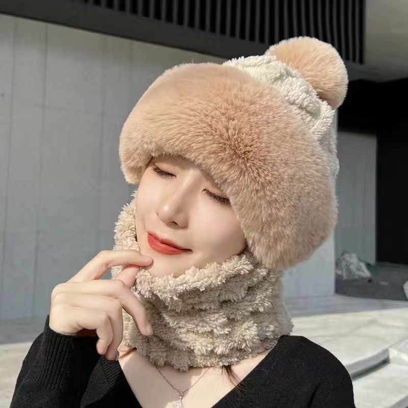 Pink plush hood hat with pompom