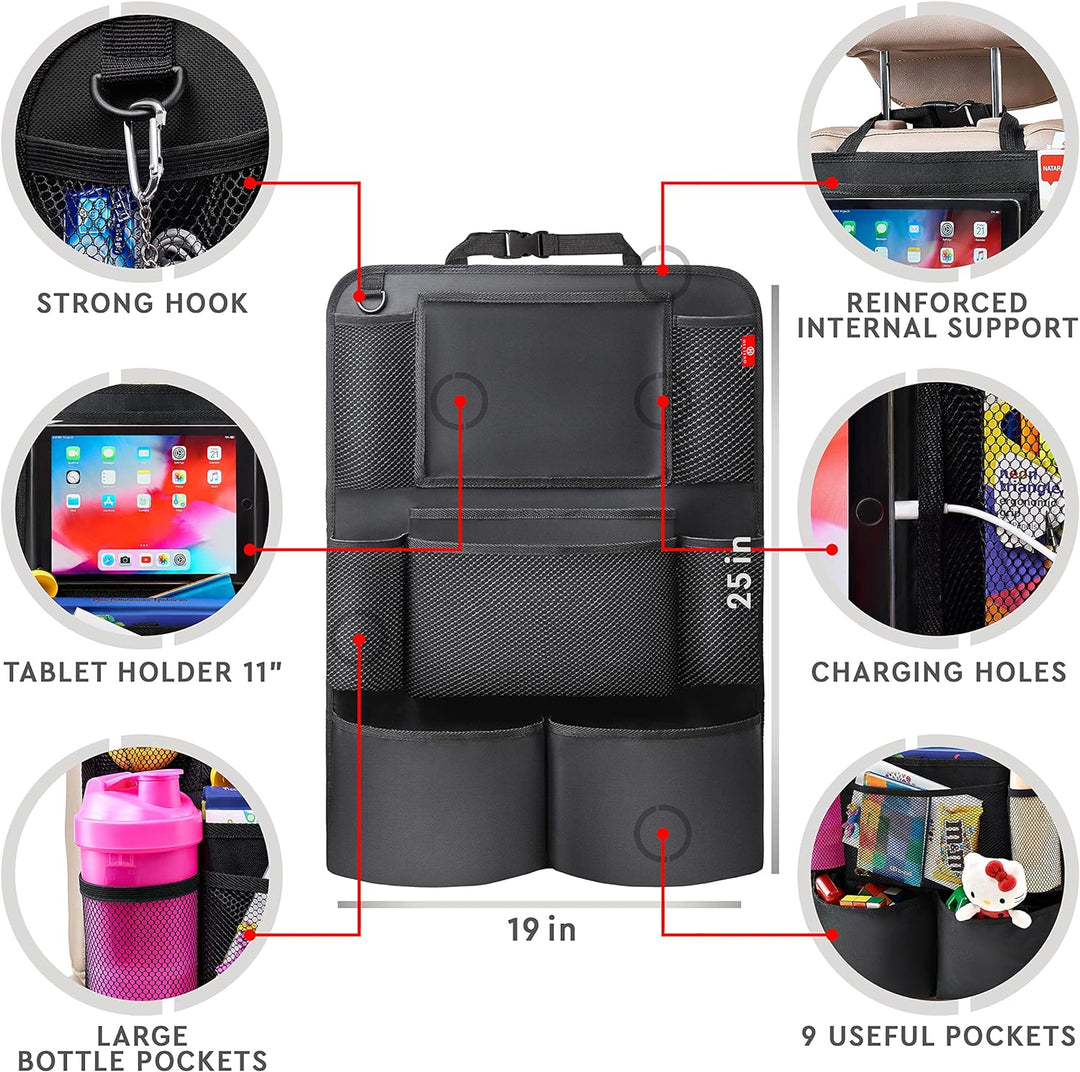 Car Back Seat Organiser 2-Pack with Tablet Holder and 9 Pockets