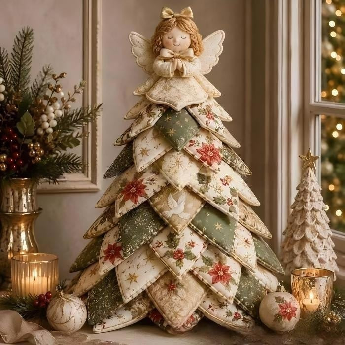 Patchwork fabric Christmas tree with star topper