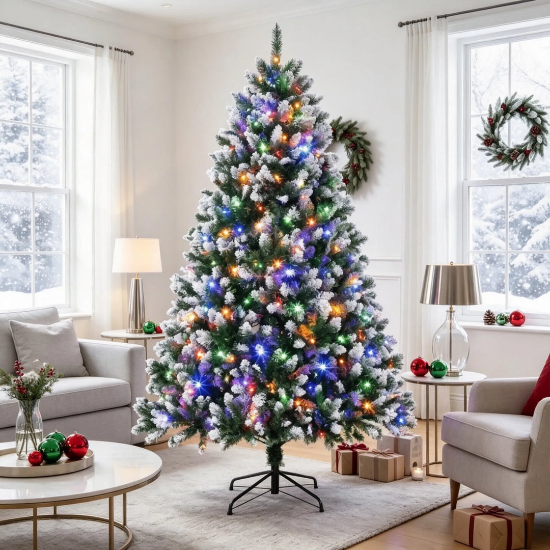 Tall snow-tipped pre-lit tree with remote