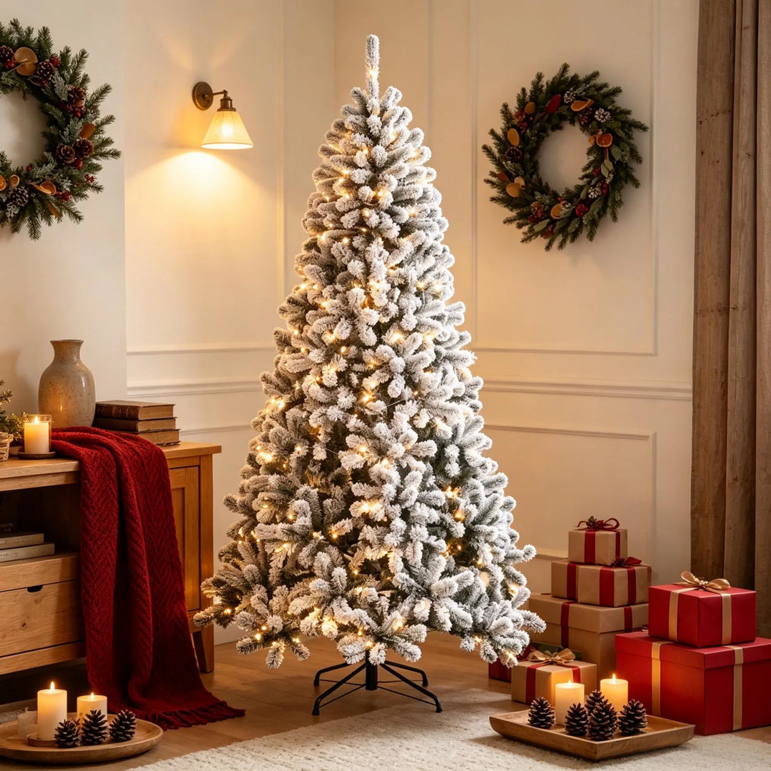 Tall flocked Northern pine with lights