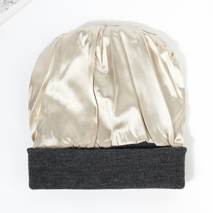 Black double layer cuffed beanie with satin lining