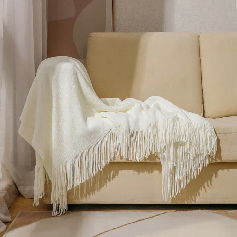 Chunky Knit Throw Blanket with Tassel Edges in Soft Acrylic