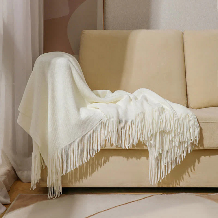 Chunky Knit Throw Blanket with Tassel Edges in Soft Acrylic