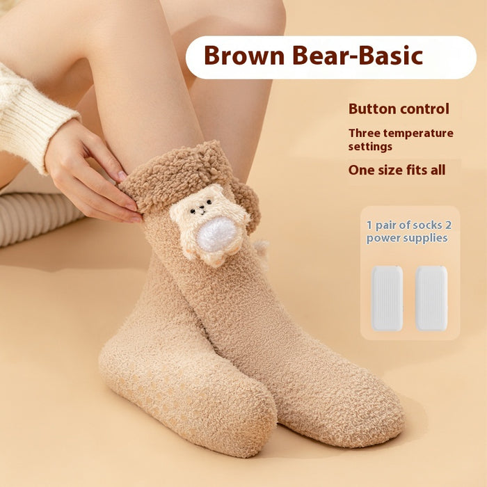 Harwelton Heated Plush Socks with Animal Badge, Rechargeable