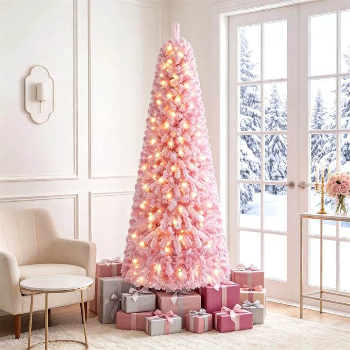 Full pink flocked tree with warm lights