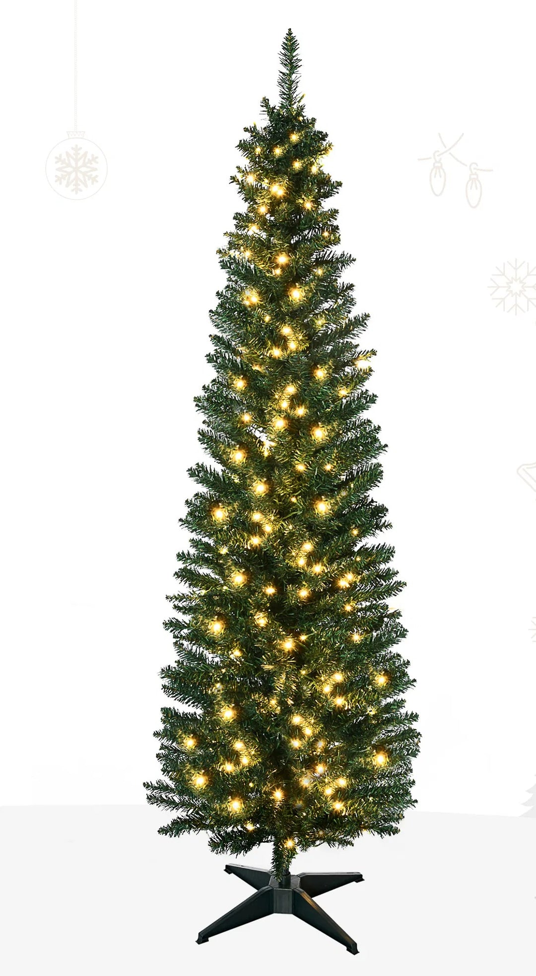 Tall slim green pencil tree with warm lights