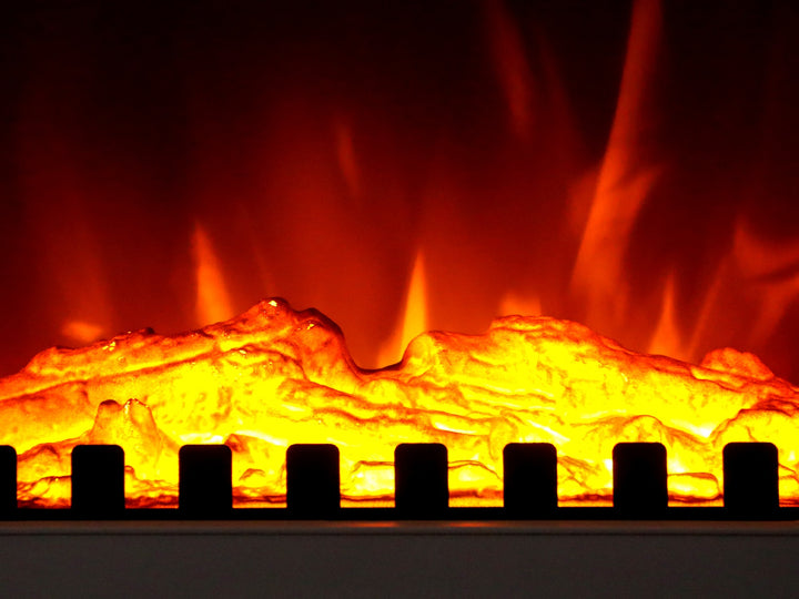 white log-burner style electric fire with LED flames