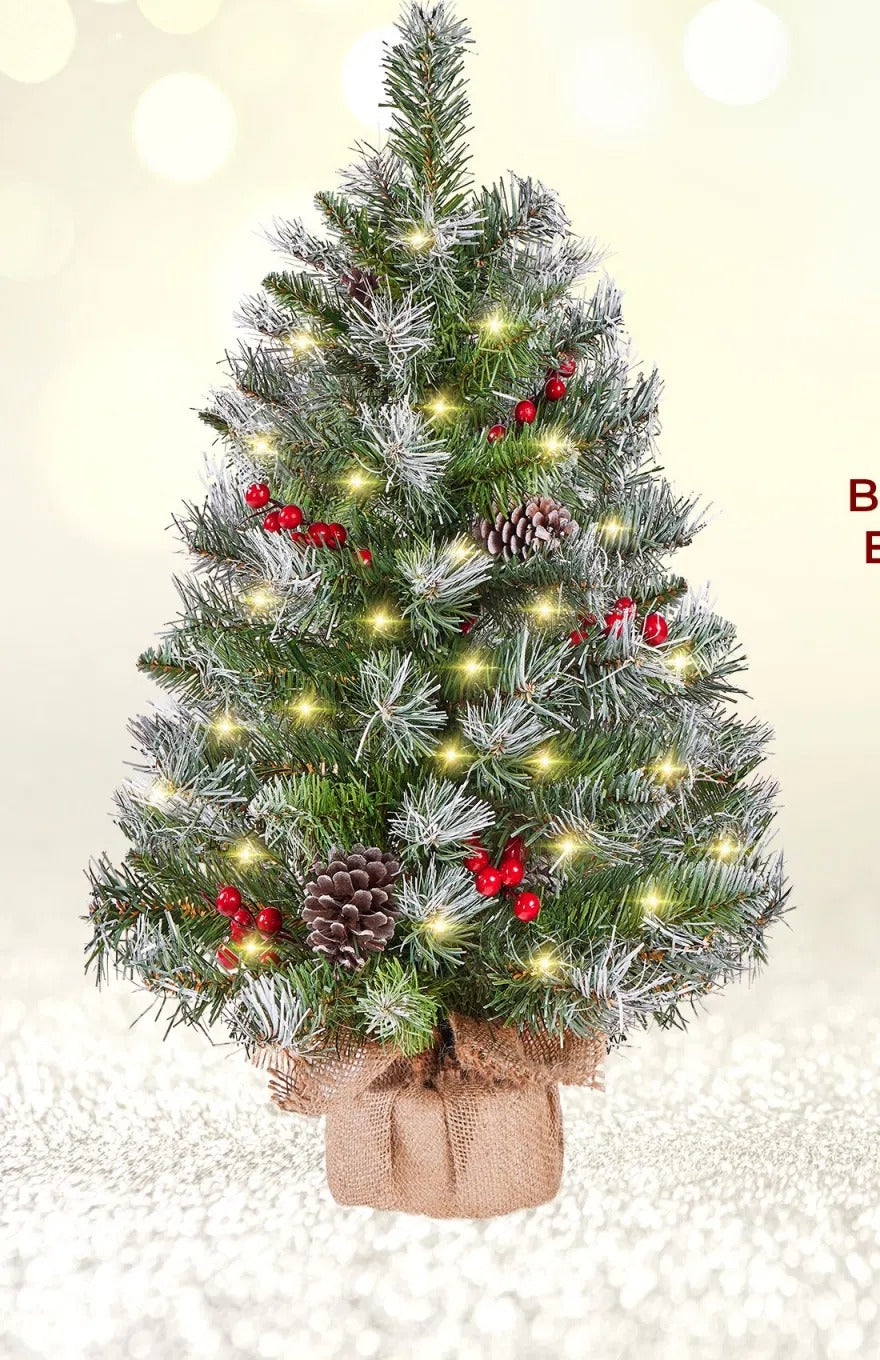 Two frosted tabletop trees with burlap bases