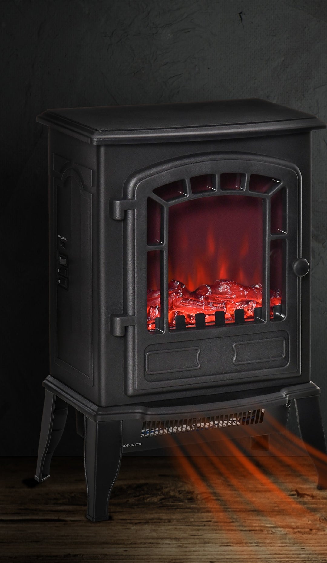 black electric stove fire with clear glass front